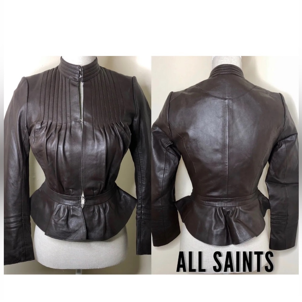 AllSaints XS 6 8 Fitted Leather Jacket Peplum Steampunk Victoriana Brown Whitby - Picture 1 of 9